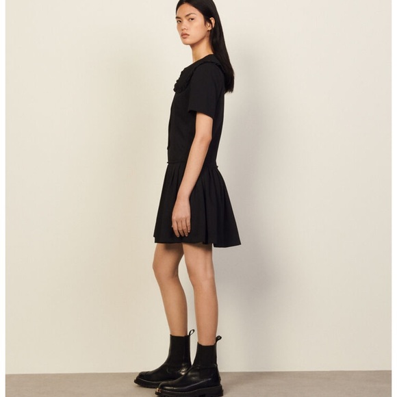 NWT Sandro Black Short Dress with Large Ruffled Peter Pan Collar - Picture 3 of 16